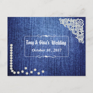 Denim-Perlen u. Spitze-Hochzeit UAWG Einladungspostkarte