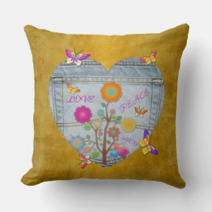 Denim Pocket Heart Blume Schmetterlinge auf Gold Kissen