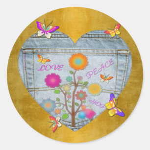 Denim Pocket Heart Blume Schmetterlinge auf Gold Runder Aufkleber