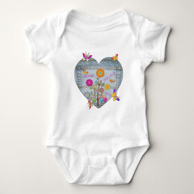 Denim Pocket Heart Blume Schmetterlinge Baby Strampler (Vorderseite)
