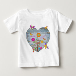 Denim Pocket Heart Blume Schmetterlinge Baby T-shirt