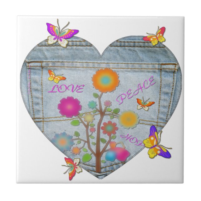 Denim Pocket Heart Blume Schmetterlinge Fliese (Vorderseite)