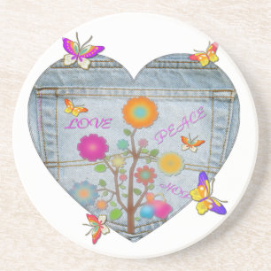 Denim Pocket Heart Blume Schmetterlinge Getränkeuntersetzer