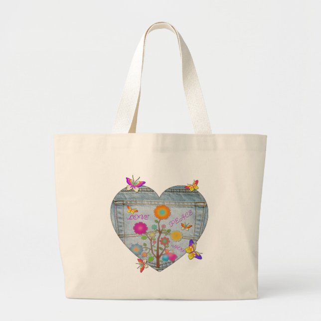 Denim Pocket Heart Blume Schmetterlinge Jumbo Stoffbeutel (Vorne)