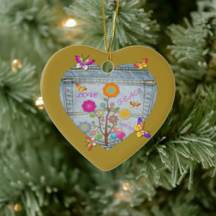 Denim Pocket Heart Blume Schmetterlinge Keramik Ornament