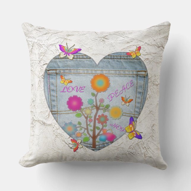 Denim Pocket Heart Blume Schmetterlinge Kissen (Vorderseite)