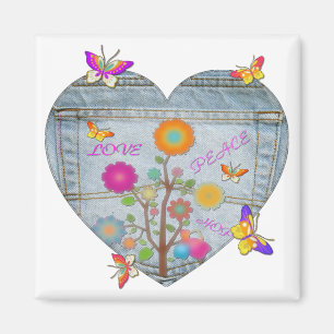 Denim Pocket Heart Blume Schmetterlinge Magnet