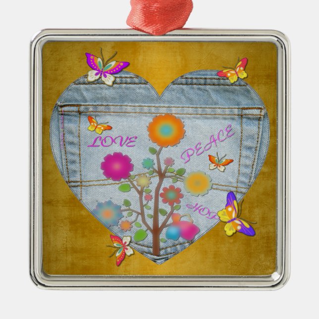 Denim Pocket Heart Blume Schmetterlinge Metal Orna Ornament Aus Metall (Vorne)