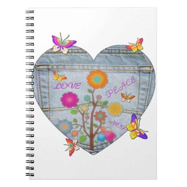 Denim Pocket Heart Blume Schmetterlinge Notizblock (Vorderseite)