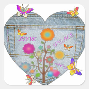 Denim Pocket Heart Blume Schmetterlinge Quadratischer Aufkleber