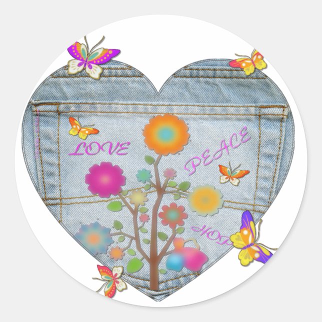 Denim Pocket Heart Blume Schmetterlinge Runder Aufkleber (Vorderseite)