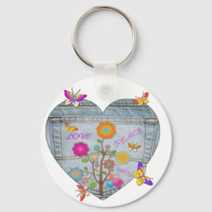 Denim Pocket Heart Blume Schmetterlinge Schlüsselanhänger