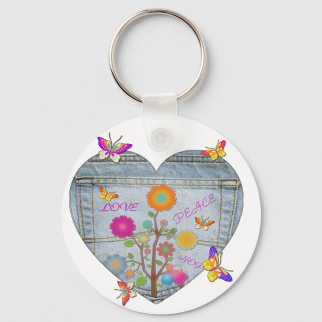 Denim Pocket Heart Blume Schmetterlinge Schlüsselanhänger (Vorderseite)