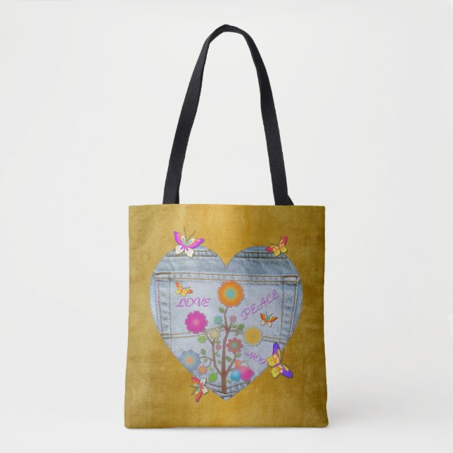 Denim Pocket Heart Blume Schmetterlinge Tasche (Vorderseite)