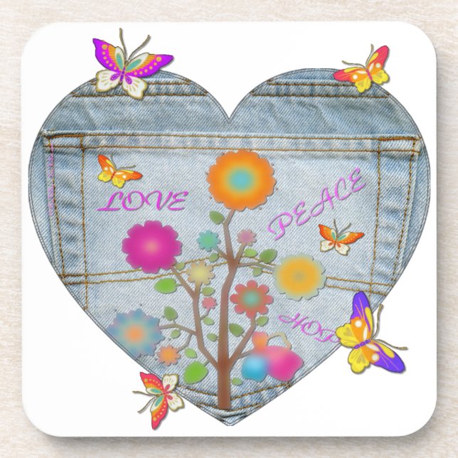 Denim Pocket Heart Blume Schmetterlinge Untersetzer (Vorderseite)