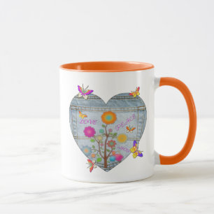 Denim Pocket Heart Flowers Papillons Coffee Mug