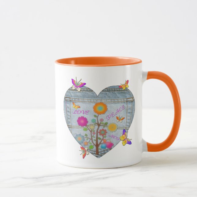 Denim Pocket Heart Flowers Papillons Coffee Mug (Droite)