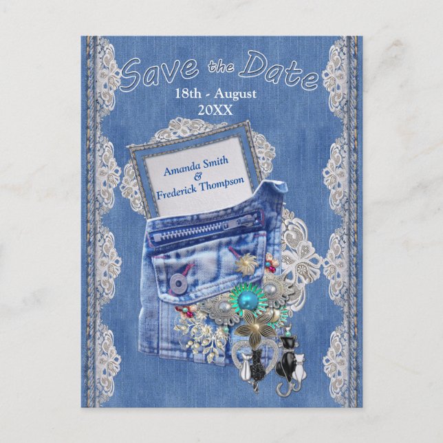 Denim Pocket mit Kostümschmuck und Spitzen Ankündigungspostkarte (Vorderseite)