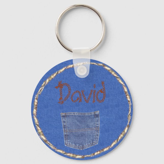 Denim Schlüsselanhänger und Tasche mit Namen (Vorderseite)