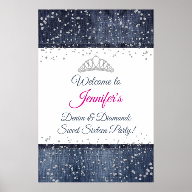 Denim, Silver Confetti, Diamond Tiara Begrüßungsze Poster (Vorne)
