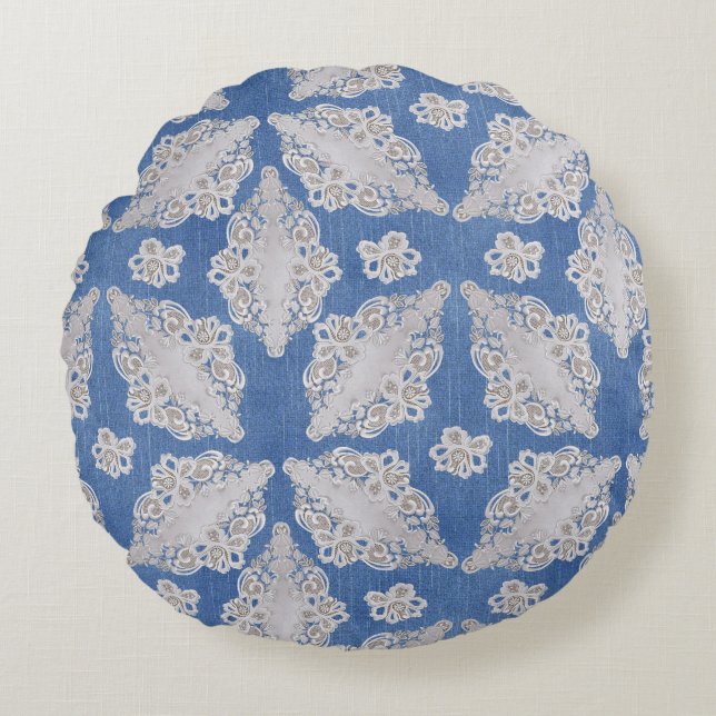 Denim Textur mit Lace Repeat Muster Rundes Kissen (Vorderseite)