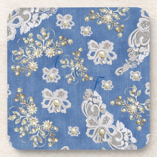 Denim Texture Elfenbeinperlen und Spitzen Getränkeuntersetzer