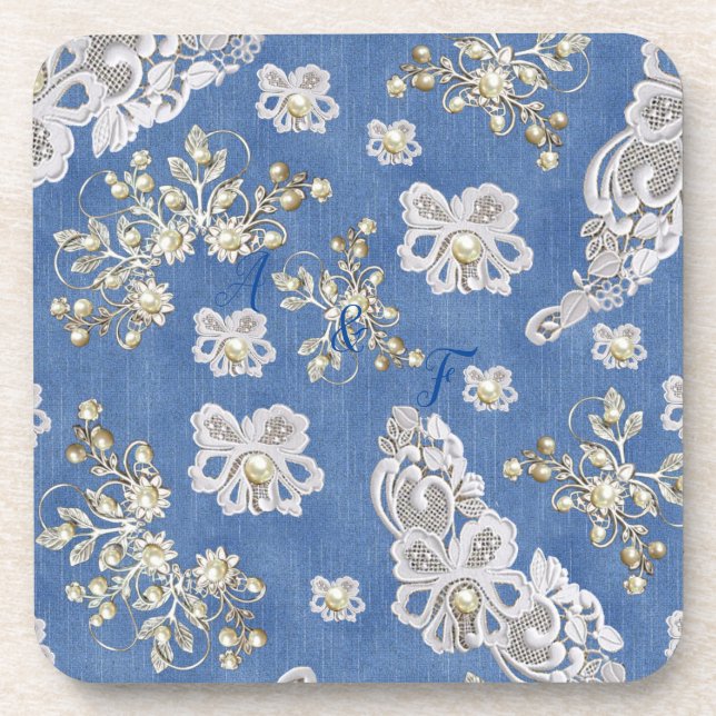 Denim Texture Elfenbeinperlen und Spitzen Getränkeuntersetzer (Vorderseite)