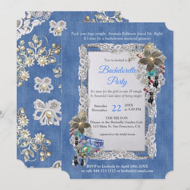 Denim Textured Blume Lace and Costume Juwelier Einladung (Vorne/Hinten)