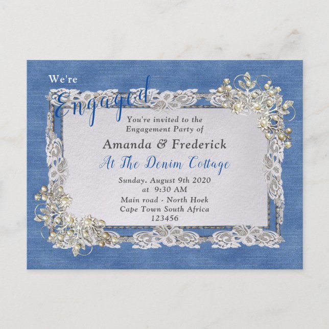 Denim Textured Lace und Pearls Einladungspostkarte (Vorderseite)