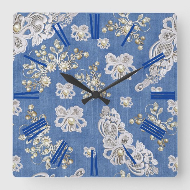 Denim Textured Lace und Pearls Quadratische Wanduhr (Vorderseite)