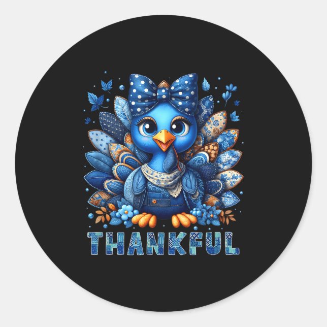 Denim Thankful Turkey Grandma Mama Mom Give Thanks Runder Aufkleber (Vorderseite)