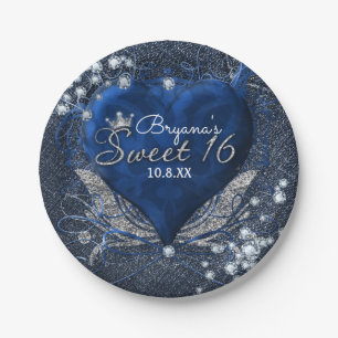 Denim-u. des Diamant-blaues Herz-Bonbon-16 Party Pappteller
