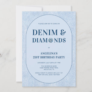 Denim und Diamanten Blue Jeans 21. Geburtstagsfeie Einladung