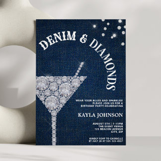 Denim und Diamanten Elegante blaue Jeans Geburtsta Einladung