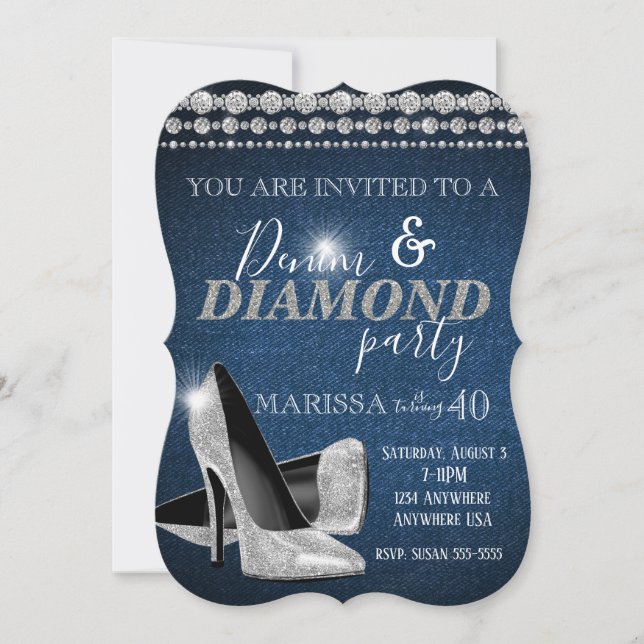 Denim und Diamond Birthday Party, elegant, Heelse Einladung (Vorderseite)