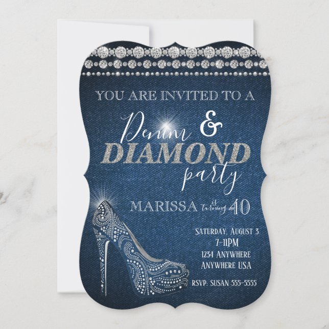 Denim und Diamond Birthday Party, elegant, Heelse Einladung (Vorderseite)