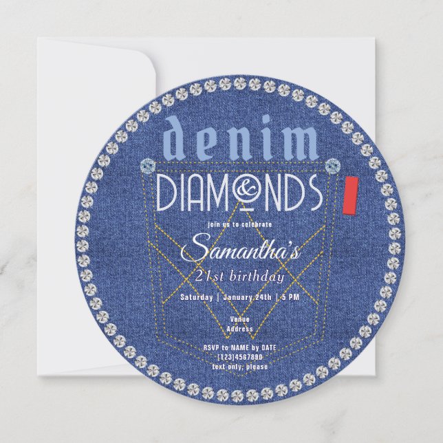 Denim und Diamonds Blue Jeans Bling Birthday Party Einladung (Vorderseite)