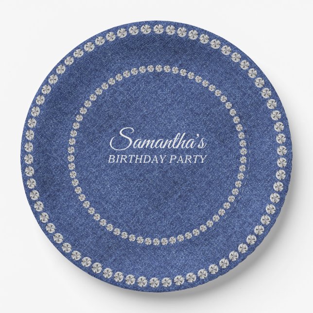 Denim und Diamonds Blue Jeans Bling Birthday Party Pappteller (Vorderseite)