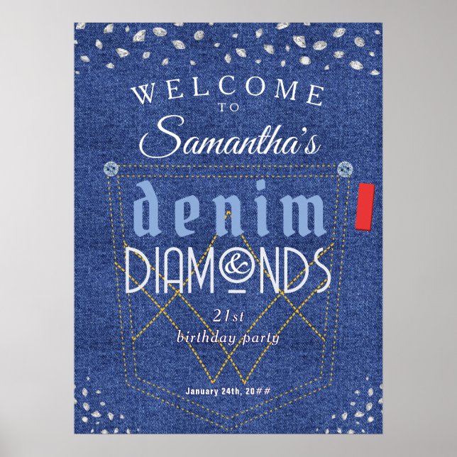 Denim und Diamonds Blue Jeans Bling Birthday Party Poster (Vorne)