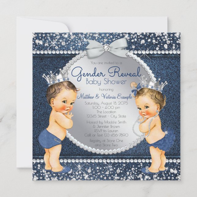 Denim und Diamonds Gender Reveal Baby Shower Einladung (Vorderseite)