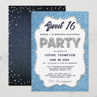 Denim und Diamonds Glitzer Rahmen Sweet 16 Party Einladung