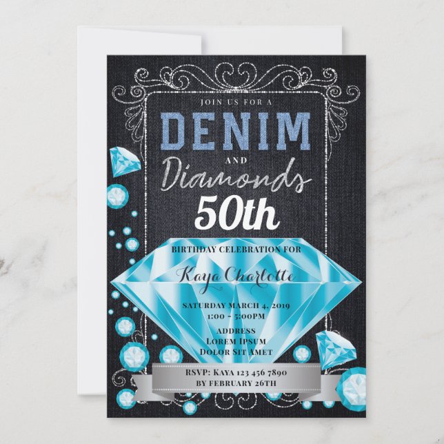 Denim und Diamonds zum Geburtstag Einladung (Vorderseite)
