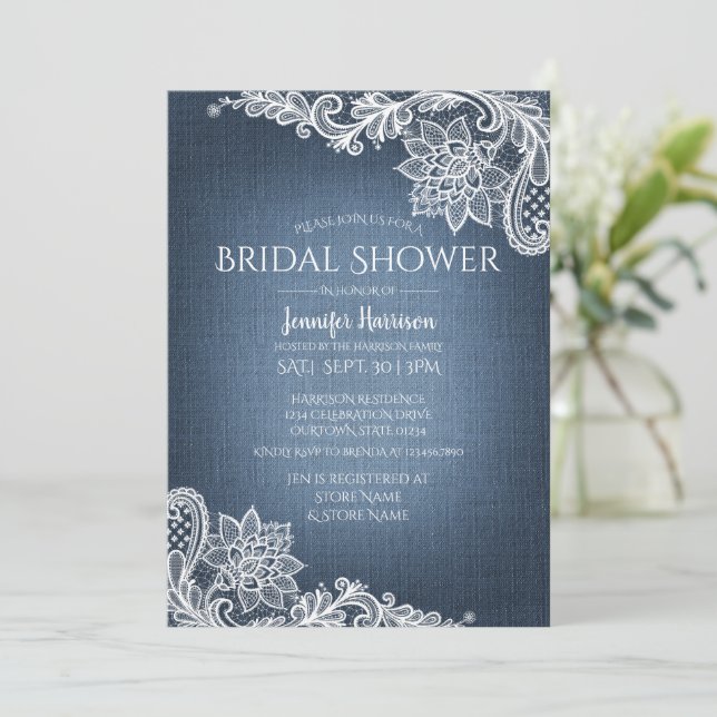 Denim und Lace Bridal Dusche Einladung (Stehend Vorderseite)