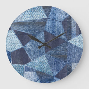 Denim Urban: Distressed Streifen-Patchwork. Große Wanduhr