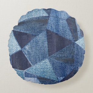Denim Urban: Distressed Streifen-Patchwork. Rundes Kissen