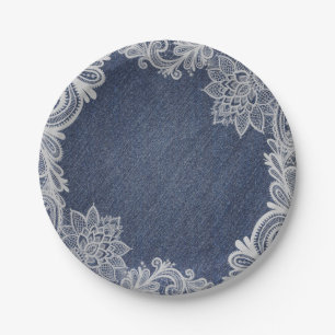 Denim & Weiße Blumen-Spitze Elegante Vintage Hochz Pappteller