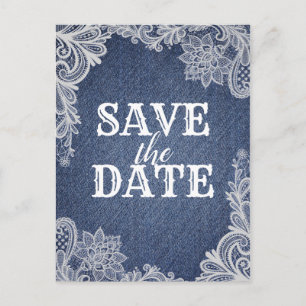 Denim & White Floral Lace Elegant Save the Date Ankündigungspostkarte