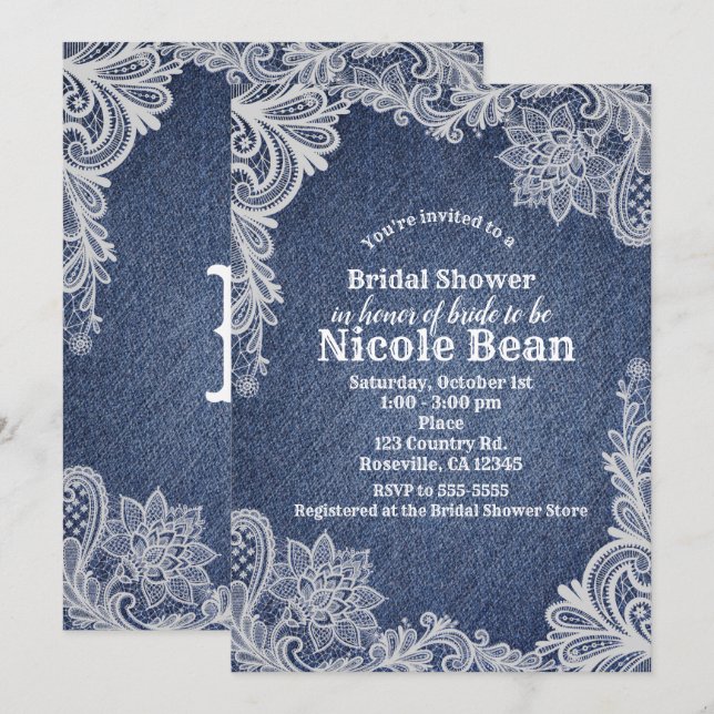 Denim & White Floral Lace Elegantes Brautparty Einladung (Vorne/Hinten)