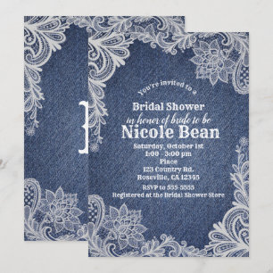 Denim & White Floral Lace Elegantes Brautparty Einladung