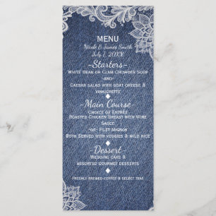 Denim & White Floral Lace Elegantes Hochzeitsmenü Menükarte